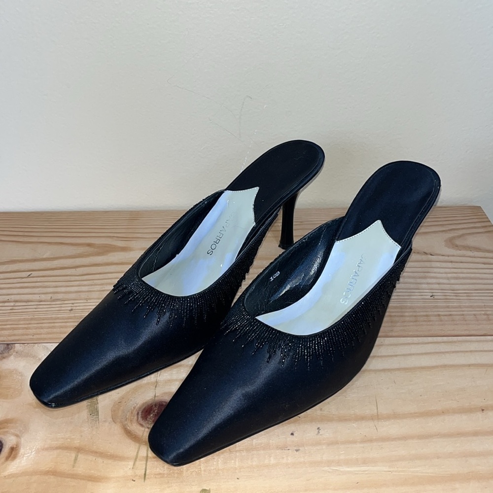 Caparros Black Satin Mules with Beaded Accents